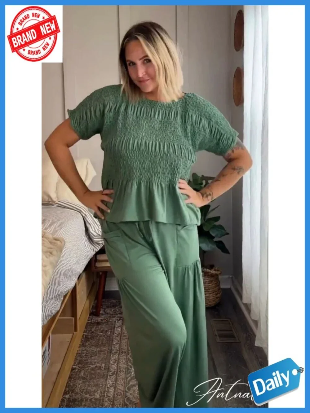 2 Piece Lounge Set Smocked Top Wide-Leg Pants with Pockets
